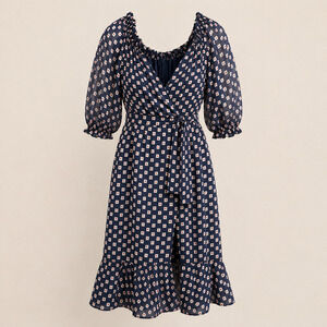 SALONI Olivia Printed Devoré Silk Blend Wrap Midi Dress Navy Geometric Womens 6